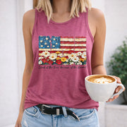 Patriotic Floral American Flag Women's Color Cotton Tank Top in Red
