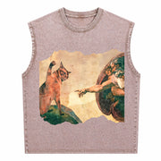 Cat Swatting God's Hand Parody Cat the Divine Swipe Vintage Washed Tank Top in Brown