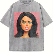 Angry Glam Doll Portrait Vintage Washed T-Shirt in Gray