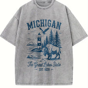 Retro Michigan the Great Lakes State Vintage Washed T-Shirt in Gray