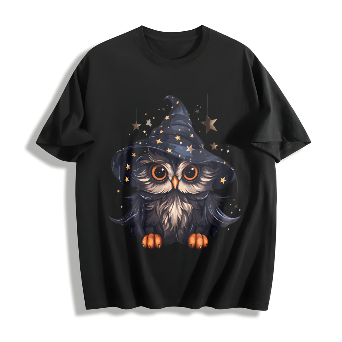 Autumn a Cartoon- Owl from the Early Days Cotton T-Shirt in Black