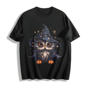 Autumn a Cartoon- Owl from the Early Days Cotton T-Shirt in Black