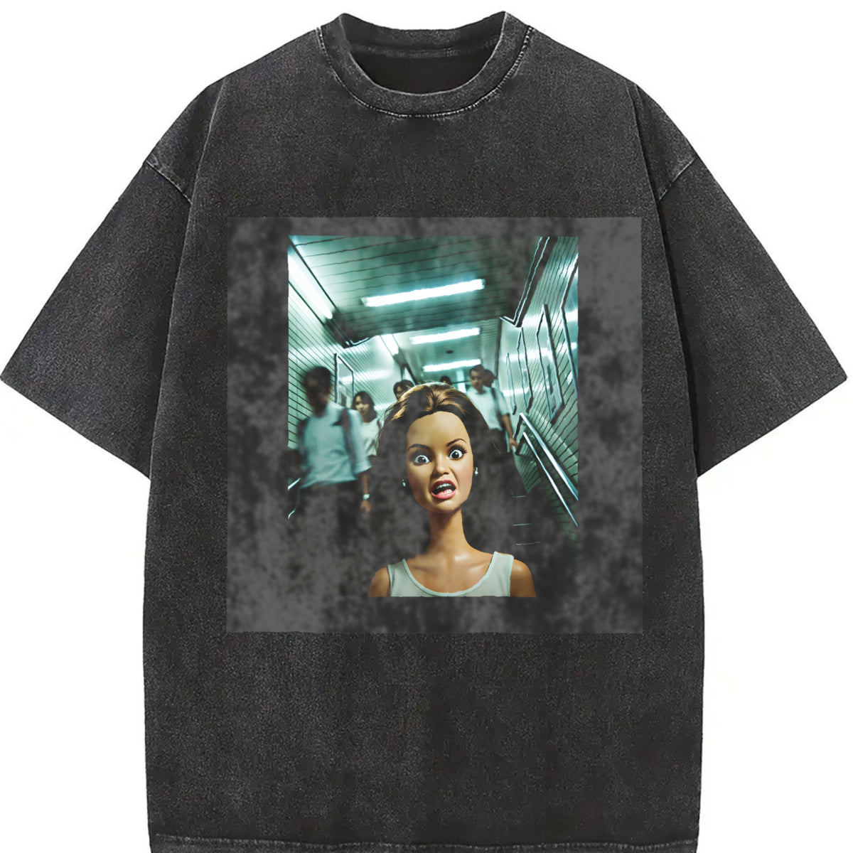 Scared Glam Doll in a Hallway Vintage Washed T-Shirt in Black