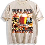 Five and Drive 90s Bootleg Meme Beer Vintage Washed T-Shirt in Beige