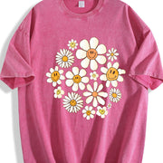 Retro Flowers Daisy Flower Vintage Washed T-Shirt in Red