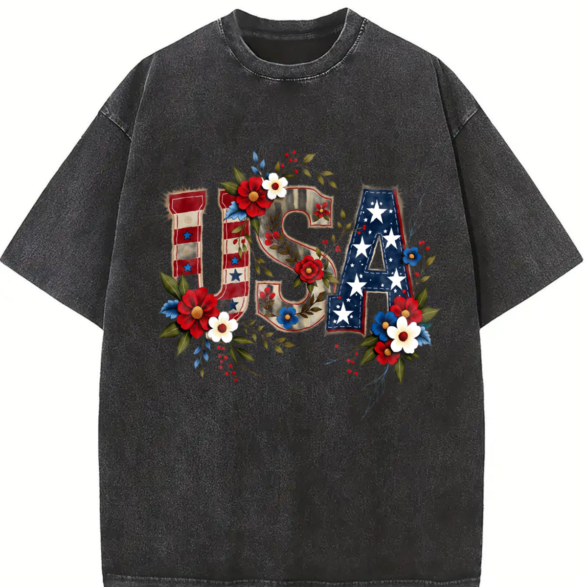 USA Flag Floral Boxy Retro Y2K Vibes or Lived-in Vintage Washed T-Shirt in Black