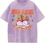 One Love Flame Heart Sleeveless Tank Vintage Washed T-Shirt in Purple
