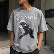 Black Crow F-caw-f Black Bird Moon Gothic Adult Humor Vintage Washed T-Shirt in Gray
