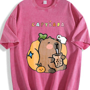Capybara Bubble Tea Vintage Washed T-Shirt in Red