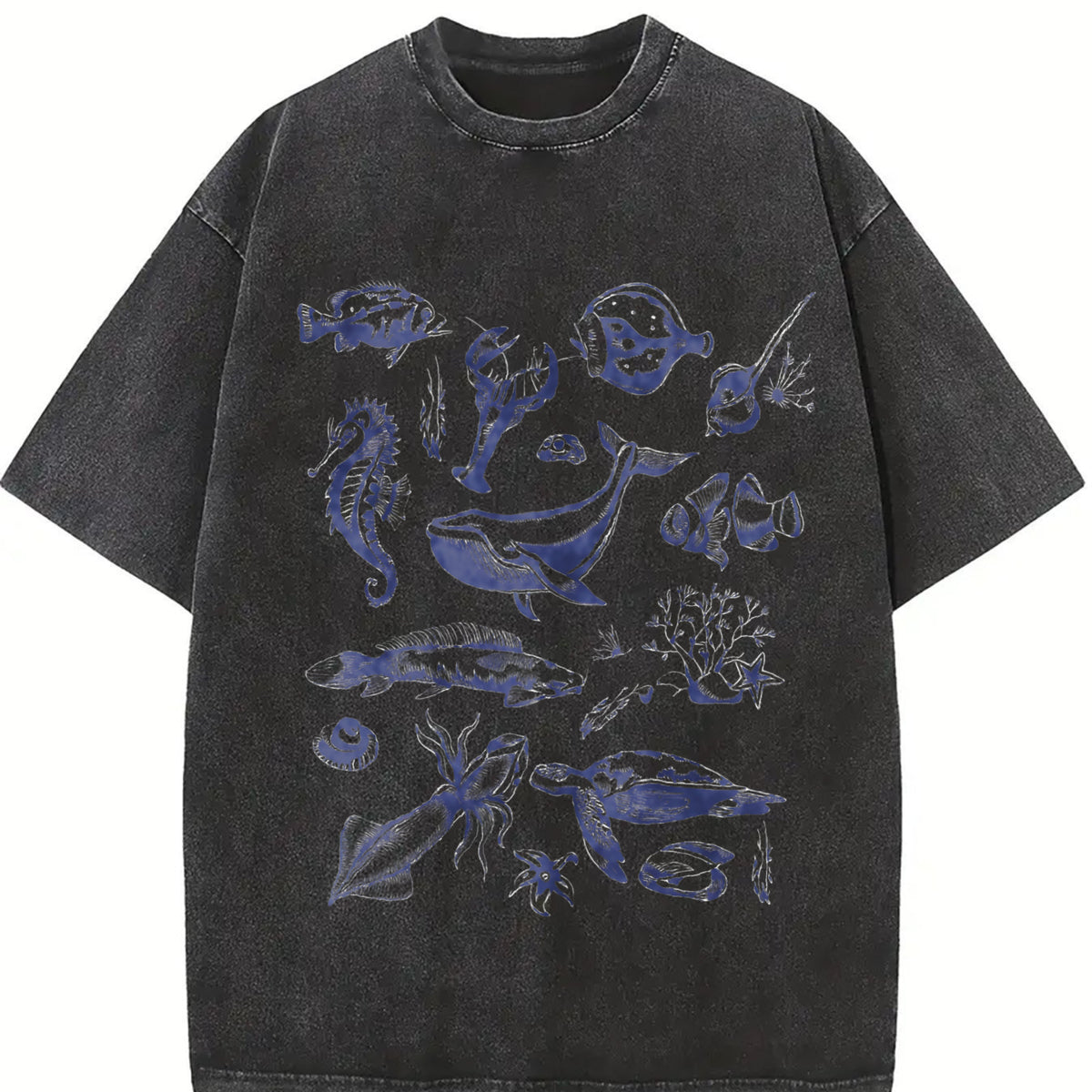 Tattoo Sea Animals 90s Vintage Washed T-Shirt in Black
