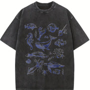 Tattoo Sea Animals 90s Vintage Washed T-Shirt in Black