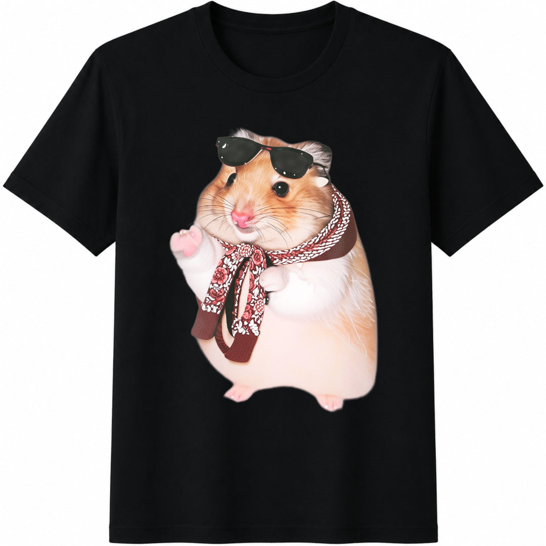 Wacky Hamster Quirky Cartoon Animal Cotton T-Shirt in Black