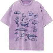 Tattoo Sea Animals 90s Vintage Washed T-Shirt in Purple