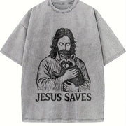 Retro Religious Jesus Hugs Raccoon Christ Vintage Washed T-Shirt in Gray