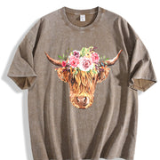 Highland Cow with Flowers Vintage Washed T-Shirt in Brown