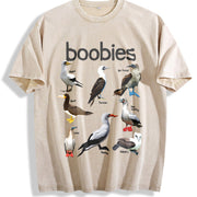 Boobies 90s Bird Retro Y2K Birdwatching Vintage Washed T-Shirt in Beige