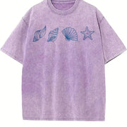Seashells Embroidered Vintage Washed T-Shirt in Purple