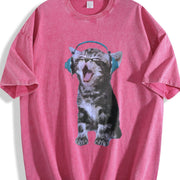 Y2K Headphones Cat Vintage Washed T-Shirt in Red