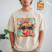 Highland Cow Valentine Coquette Valentine Heart Leopard Vintage Washed T-Shirt in Beige