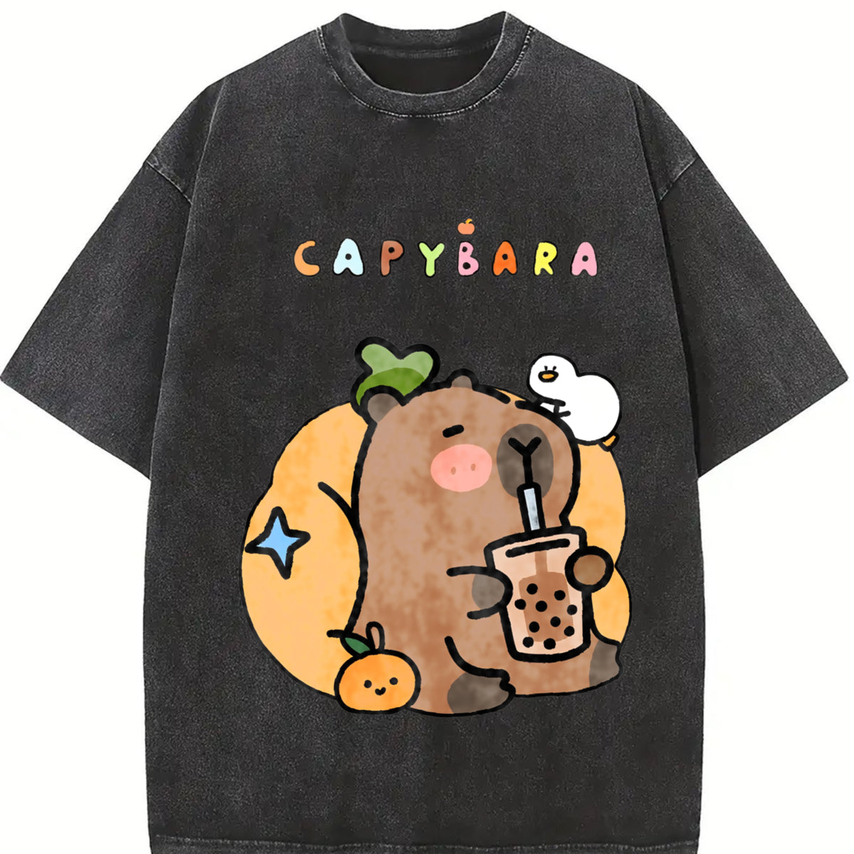 Capybara Bubble Tea Vintage Washed T-Shirt in Black