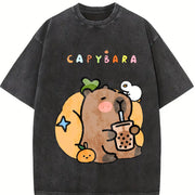 Capybara Bubble Tea Vintage Washed T-Shirt in Black
