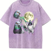 Pigeon Moon Retro Bird Nature Vintage Washed T-Shirt in Purple