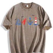 Coastal Nautical Embroidered Vintage Washed T-Shirt in Brown