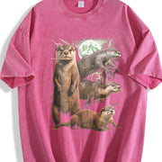 Otters 90s Retro Moon Animal Vintage Washed T-Shirt in Red