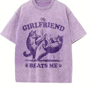 Retro Couple Cat Fighting 90s Vintage Washed T-Shirt in Purple