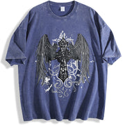 Gothic Angel & Cross Back Dark Grey/Black Retro for vintage washed oversized T-shirt in Blue