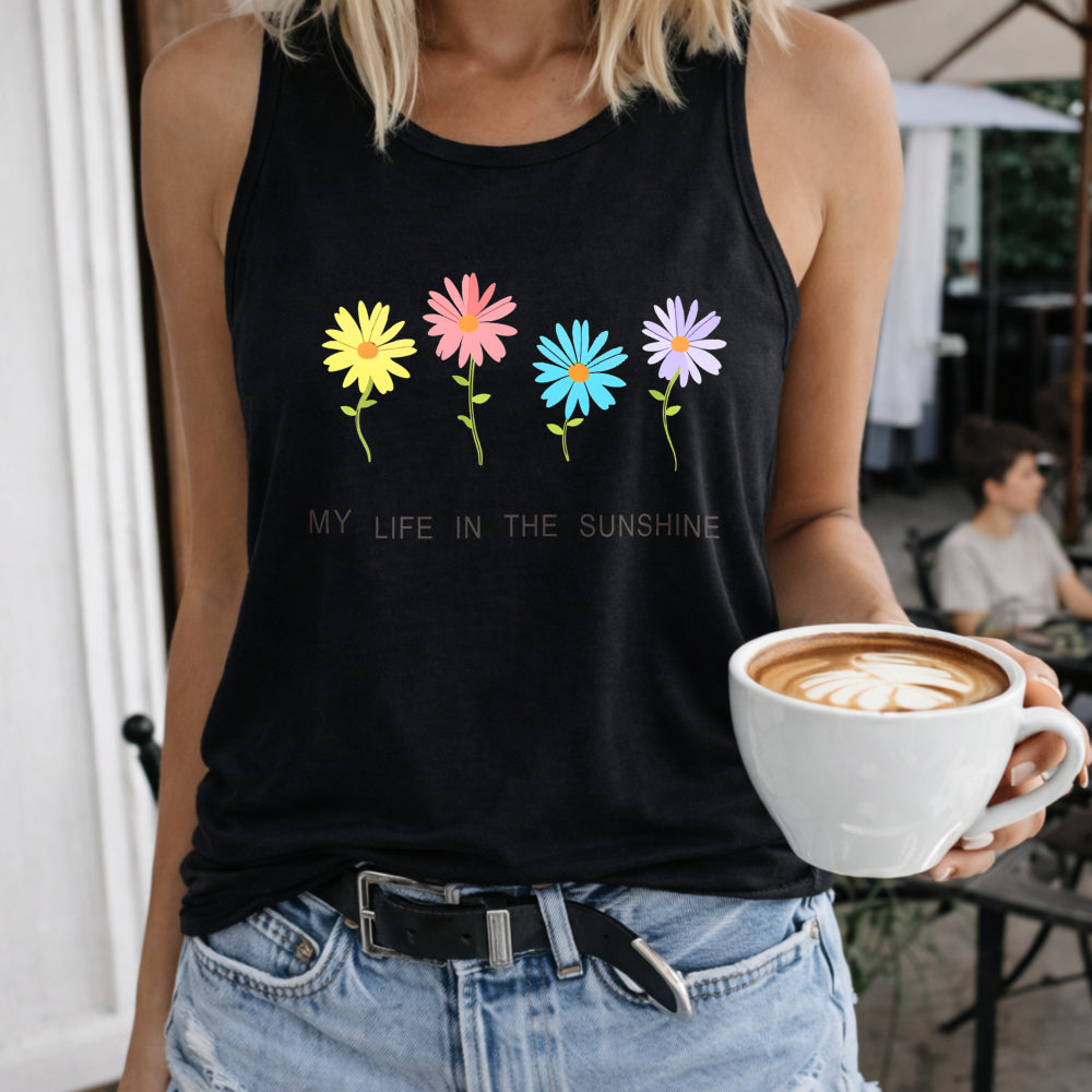My Life in the Sunshine Flowers Women's Color Cotton Tank Top in Black