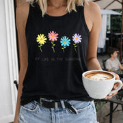 Colorful Flowers and Sunshine Text Crew-neck Sleeveless Women's Color Cotton Tank Top in Black