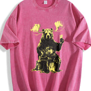 Retro Bear Moose Drinking Beer 90s Vintage Washed T-Shirt in Red