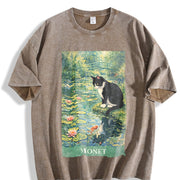 Monet Cat Art Water Lily Impressionist Vintage Washed T-Shirt in Brown