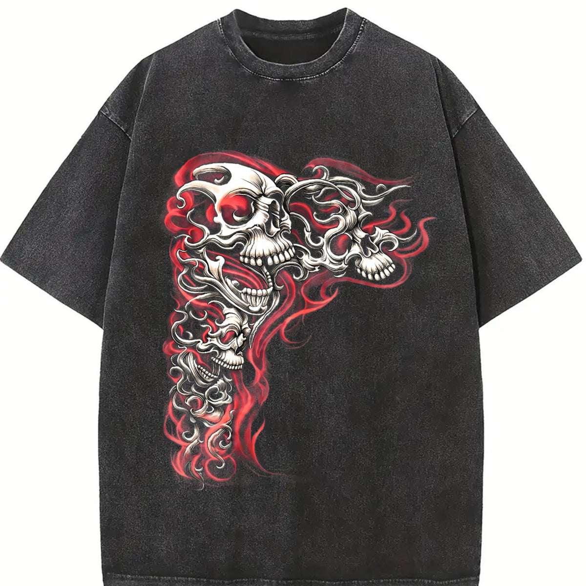 Y2K Gothic Punk Flaming Skulls Biker Grunge Affliction Vintage Washed T-Shirt in Black