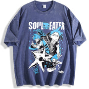 Japan Anime Soul Eater Black Star Printing Loose Harajuku vintage washed oversized T-shirt in Blue
