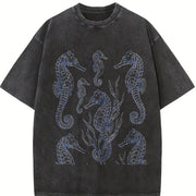 Seahorse 90s Tattoo Vintage Washed T-Shirt in Black