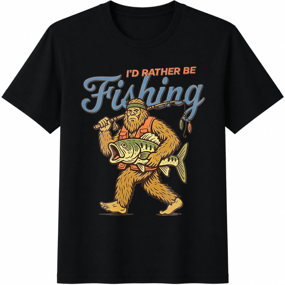 Bigfoot Fishing: Sasquatch Bass Cotton T-Shirt in Black