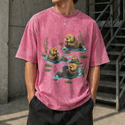90s Sea Otter Retro Wildlife Vintage Washed T-Shirt in Red