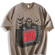 Retro Vampire Let's Watch Horror Movies Vintage Washed T-Shirt in Brown