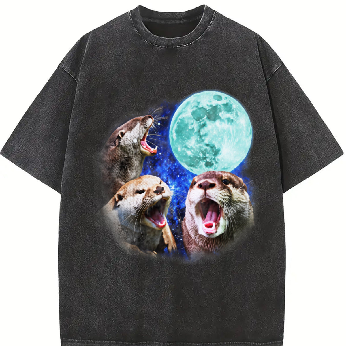 Three Otters Retro Otter Moon Vintage Washed T-Shirt in Black