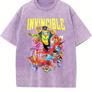 Retro Invincible Mark Grayson & Superhero Team Vintage Washed T-Shirt in Purple