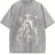 Virgin Mary Praying Faded Retro Style vintage washed oversized T-shirt in Gray