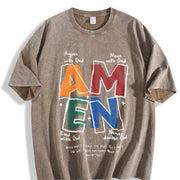 AMEN Classic Letter Header for Distressed God Bless Vintage Washed T-Shirt in Brown