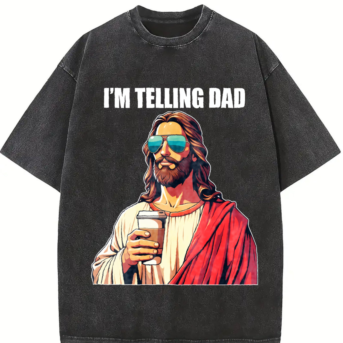 I'm Telling Dad Jesus with Beer Vintage Washed T-Shirt in Black