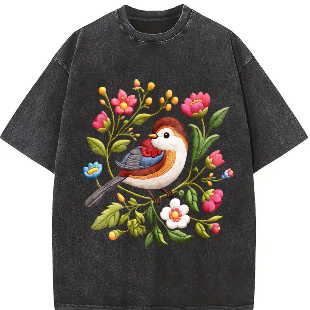 Embroidered- Bird & Floral Vintage Washed T-Shirt in Black