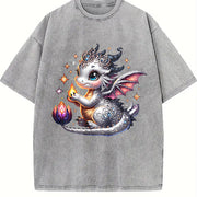 Silvery-gray Little Dragon with Exquisite Vintage Washed T-Shirt in Gray