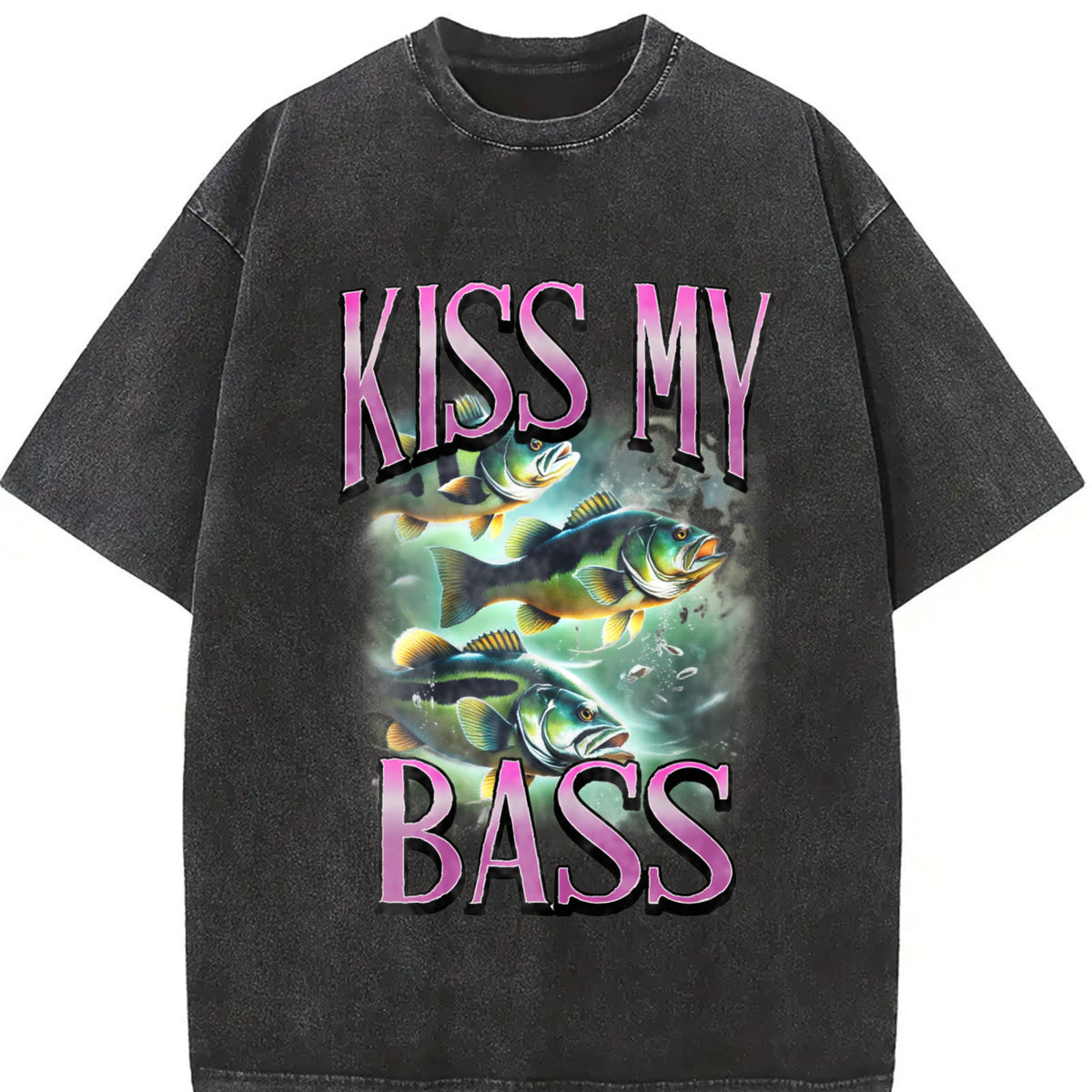 Kiss My Bass Fishing Vintage Washed T-Shirt in Black