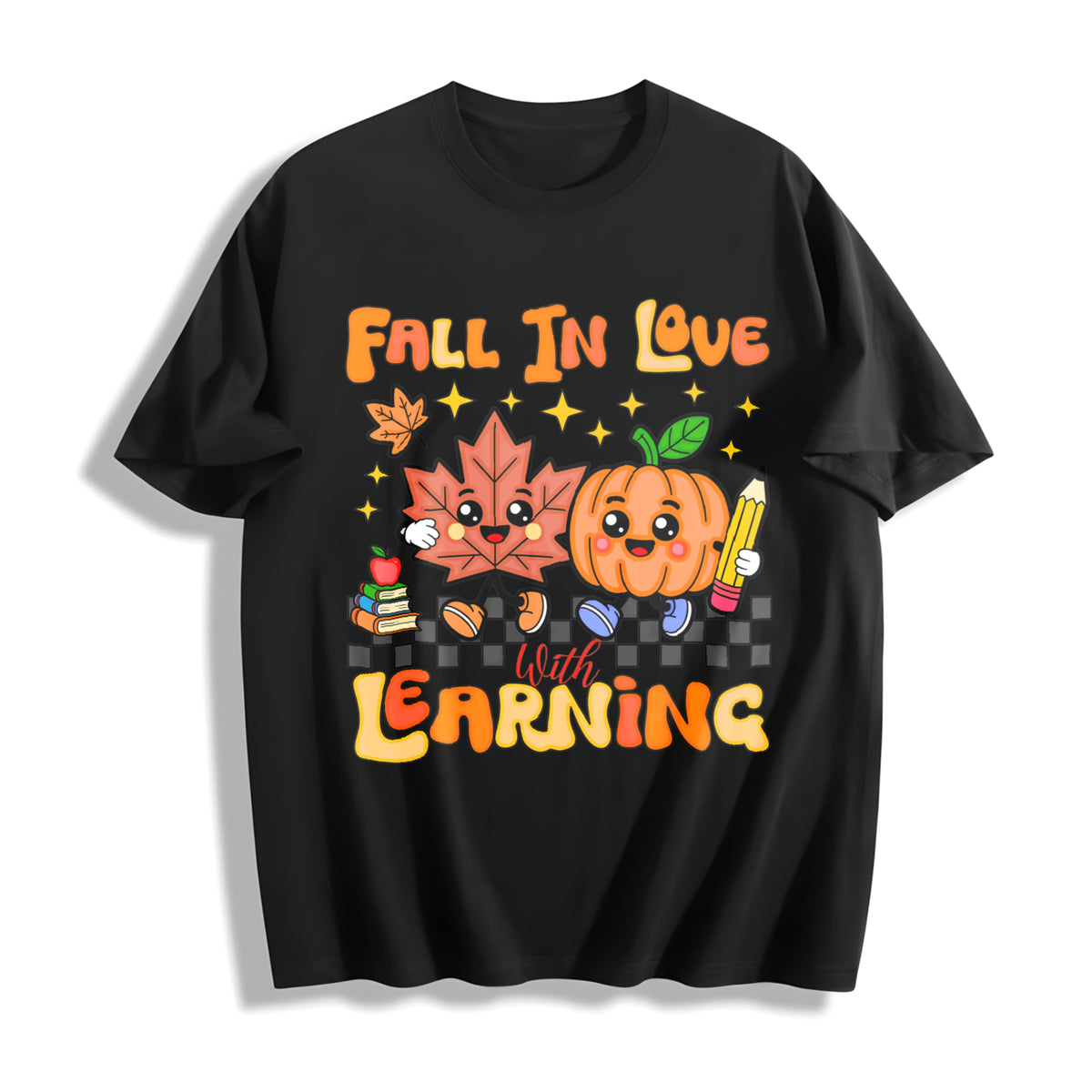 Retro Teacher Fall Cotton T-Shirt in Black