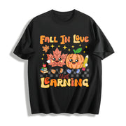 Retro Teacher Fall Cotton T-Shirt in Black